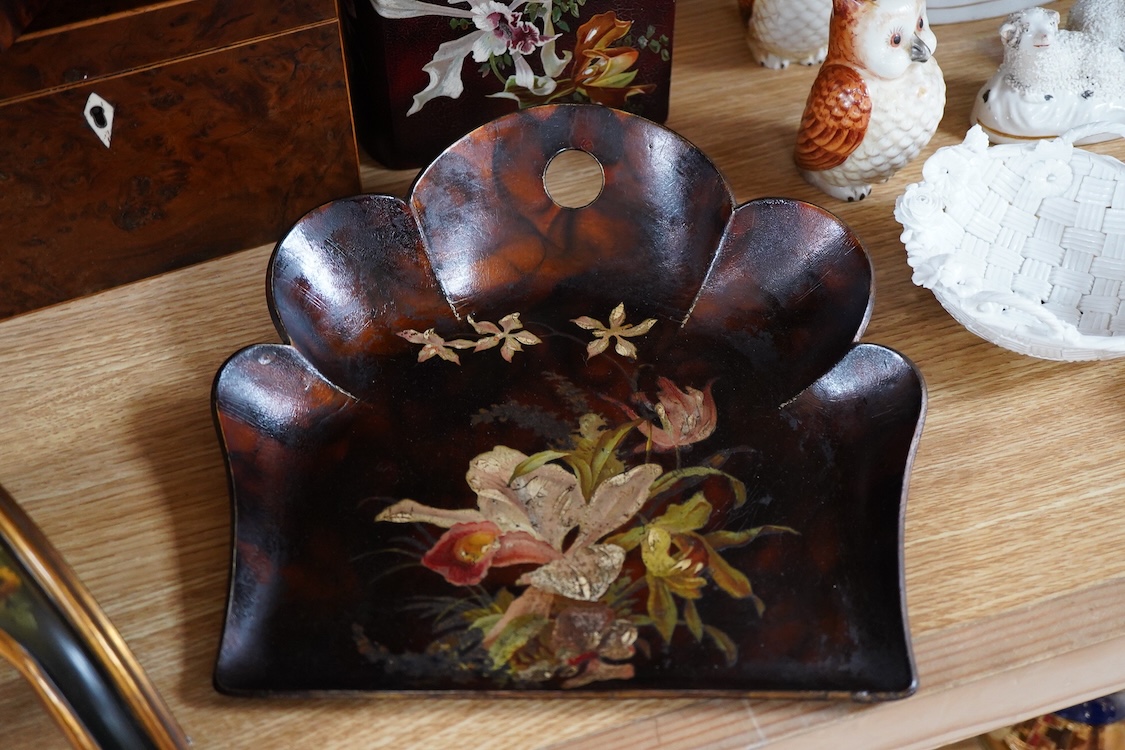 A group of collectables to include a gilt wall bracket, burr walnut tea caddy, lacquer wares etc.(7) Lacqured book box 18.5cm high.